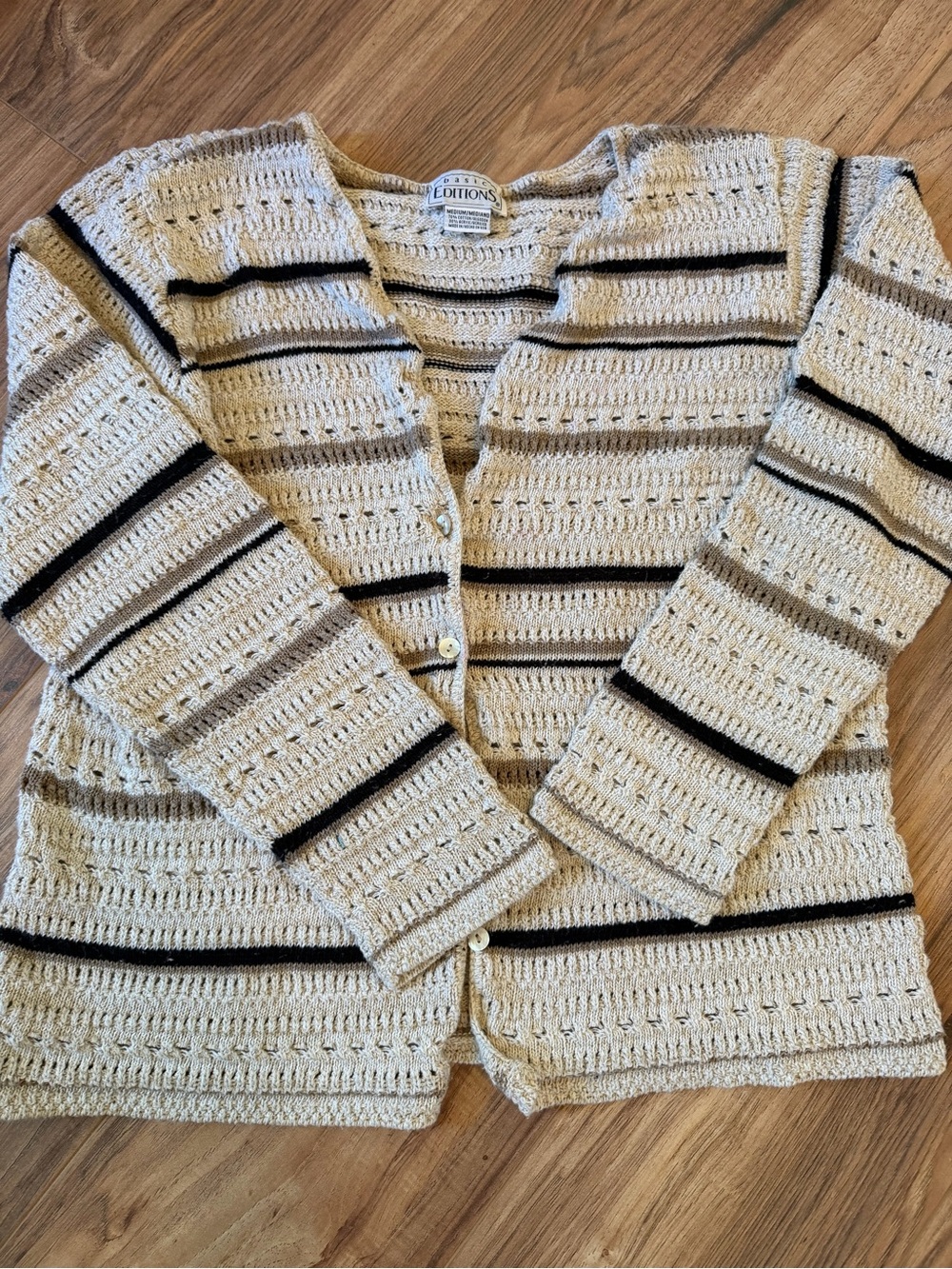 Vintage 90s Basic Editions Cream Open-Knit Stripe Cardigan - Picture 1 of 2